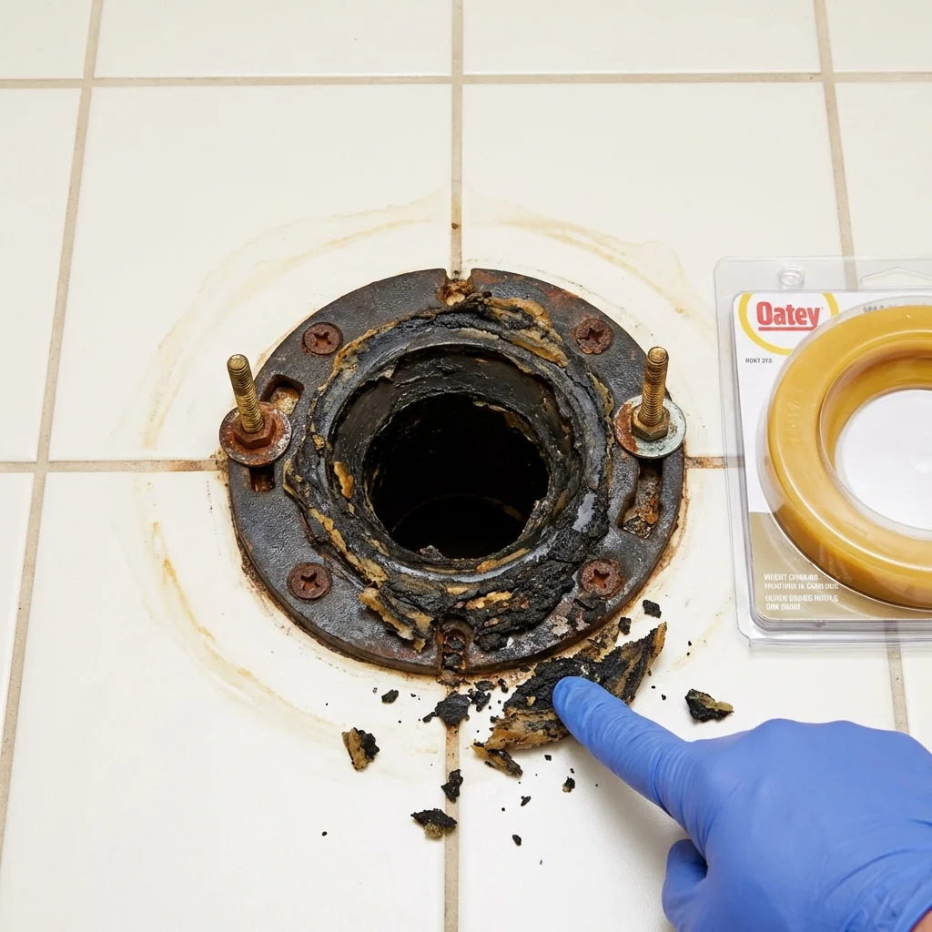Failed wax ring showing water seepage at the base of a toilet in a Concord, MA home