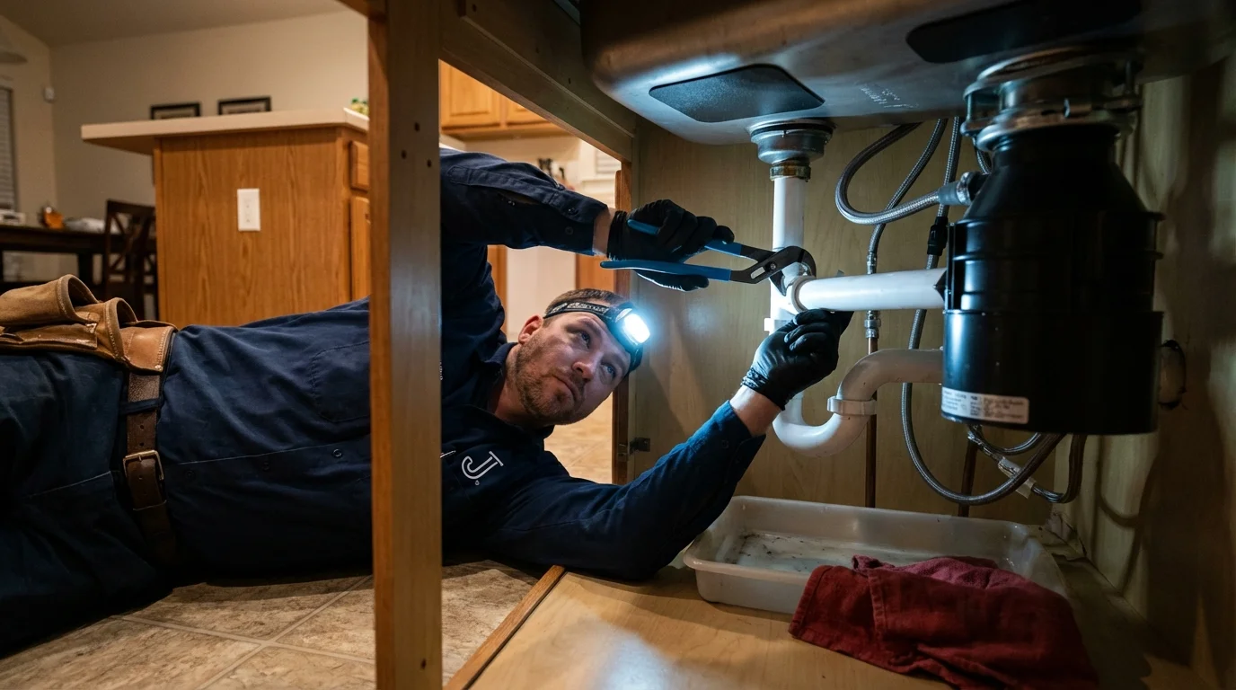 P-trap and supply line connections under a kitchen sink showing a common leak point in Concord, MA